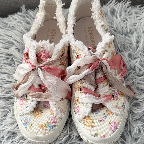 Superga Shoes - Floral Ribbon Lace-Up Sneakers - Pink, Cream, Beige